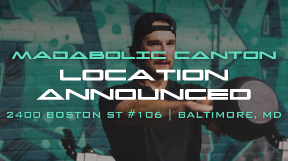 MADabolic Canton location announcement graphic showing a coach demonstrating a kettlebell swing, with address 2400 Boston St #106, Baltimore, MD