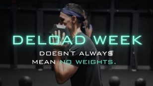 MADabolic member performing a weighted lunge with a dumbbell during deload week, text overlay reads "Deload Week Doesn't Always Mean No Weights"