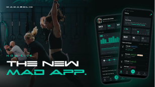 Three MADabolic members doing broad jumps in a dark studio, beside two phone screens showing the new MAD app’s home screen and progress tracking, with text reading “Now Live: The New MAD App.”