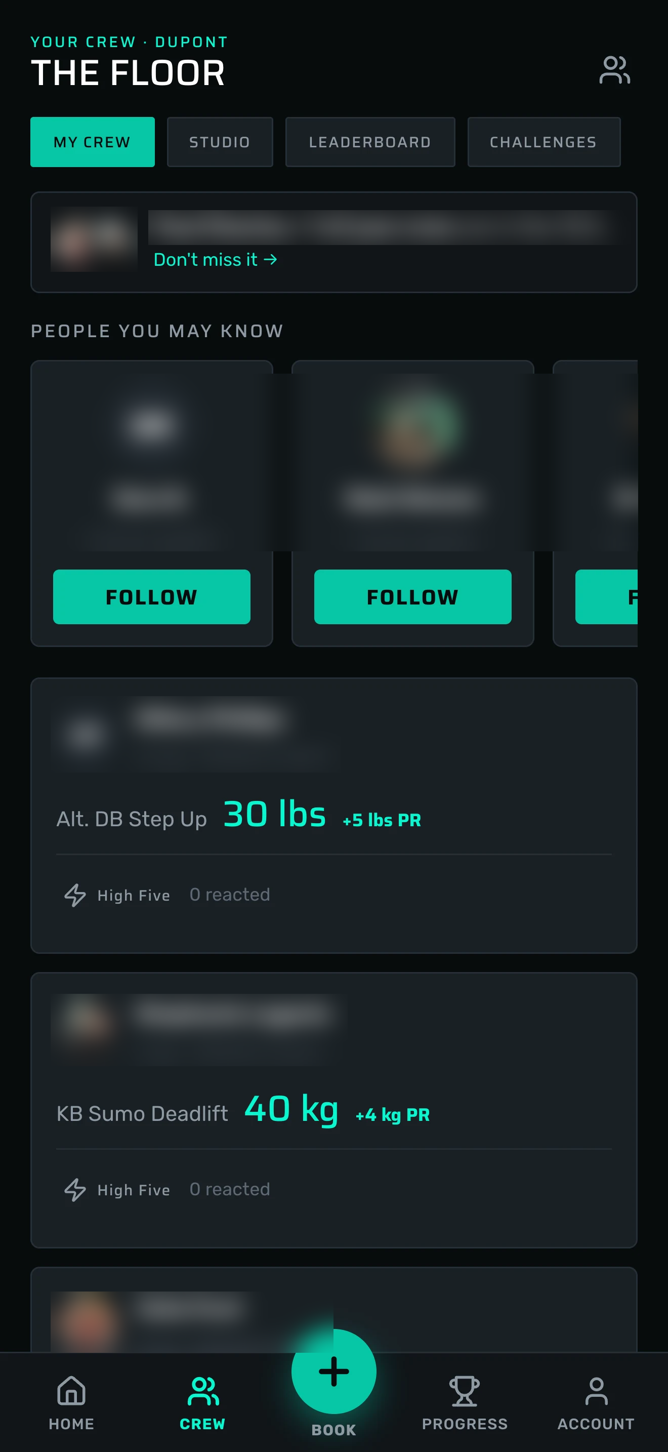 The Floor in the MADabolic app, a social feed showing members’ new PRs with high five reactions and suggested people to follow.